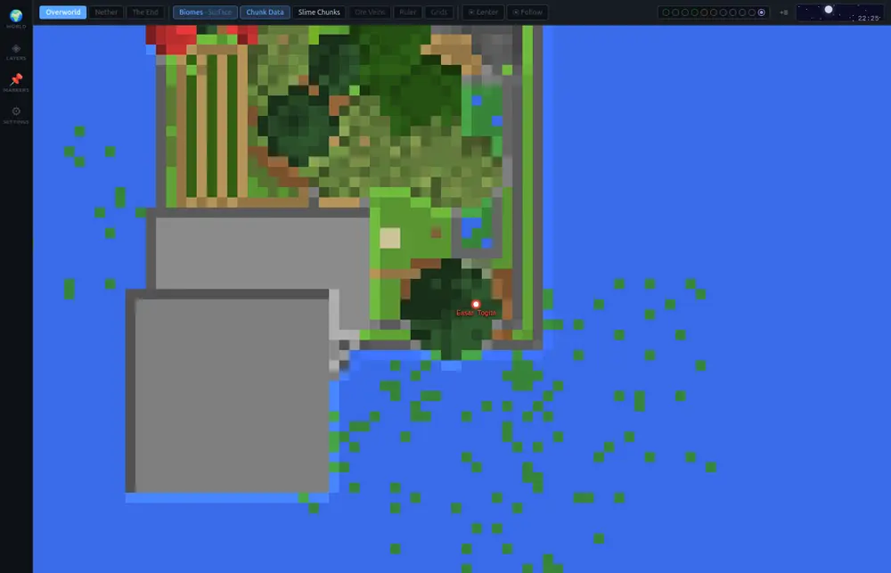 Player-built farm island rendered in real blocks