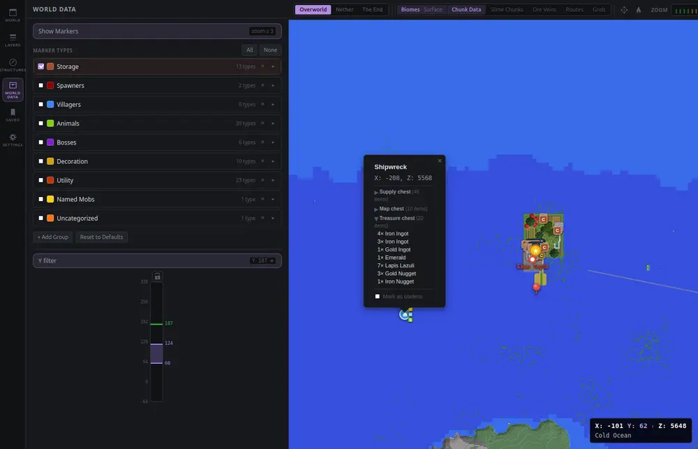 Shipwreck popup listing each chest's exact predicted contents